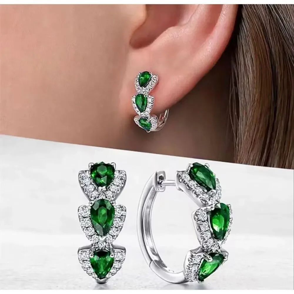 Macy’s Green Emerald Simulant & Diamond Simulant Silver Tone Hoop Earrings NWOT
